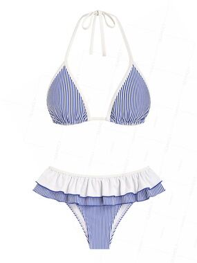 Sea Molly Blue White Contrast Striped Binding Peplum Ruffle Triangle Bikini Set